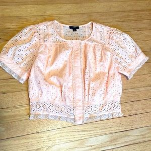 J crew shortsleeve eyelet button up hip length pink top size S
